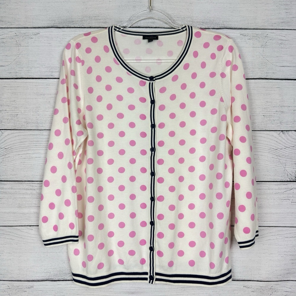 Talbots Charming Cardigan Dot Print Pink Size Large Coquette Preppy Valentines - Picture 2 of 7